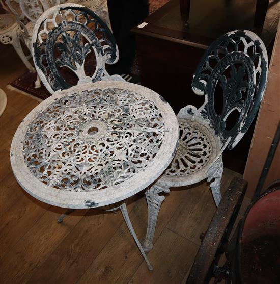 A circular aluminium garden table and two chairs Table 60cm diameter